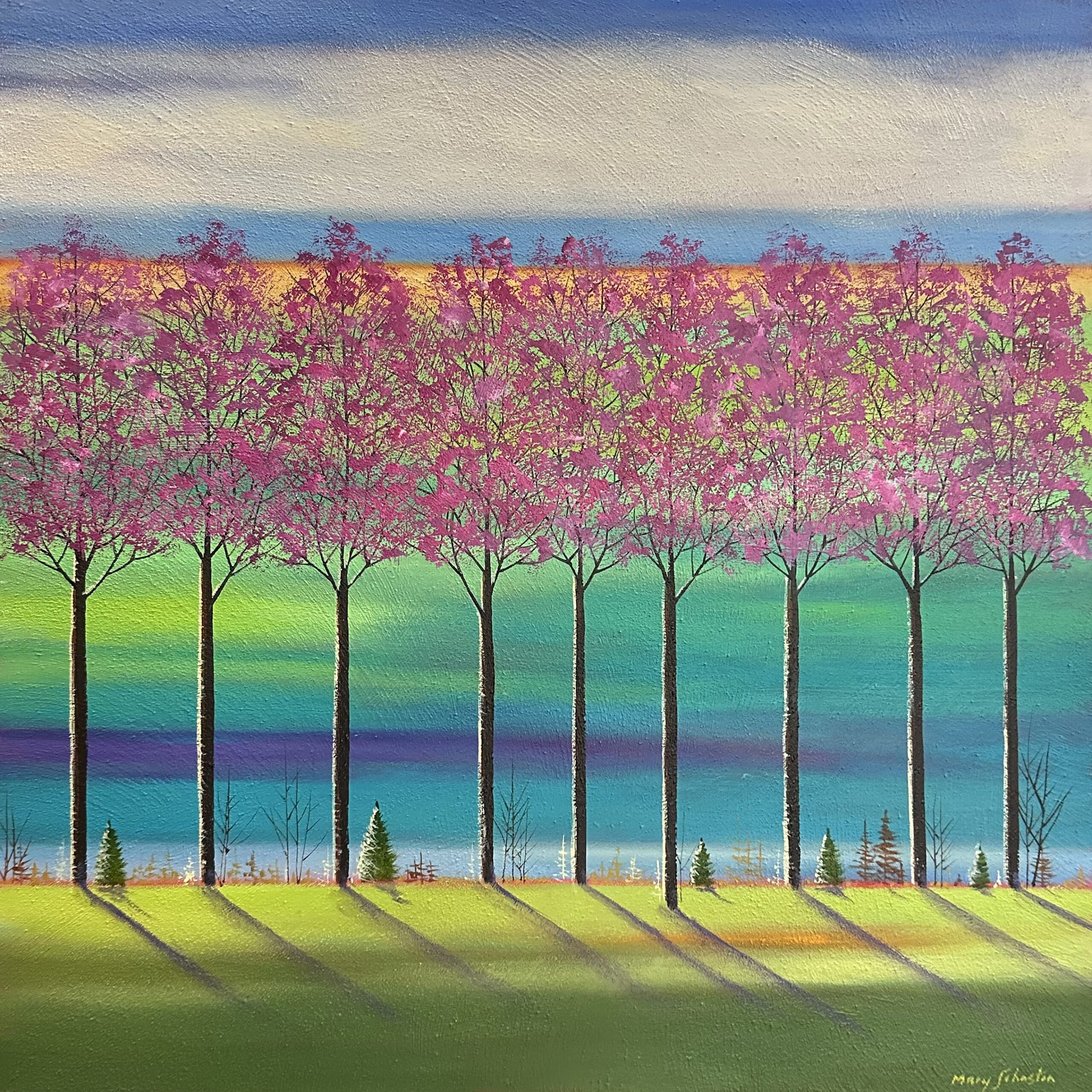 Tableau représentant un paysage aux arbres roses sur fond bleu et vert