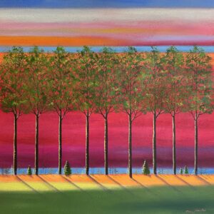 Tableau représentant un paysage au arbres verts sur fond rose