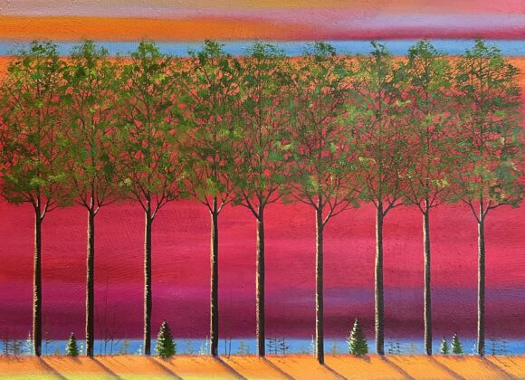 Tableau représentant un paysage au arbres verts sur fond rose