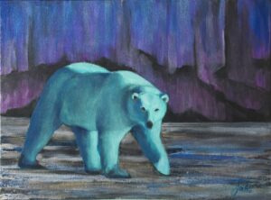 Tableau représentant un ours turquoise sur fond mauve