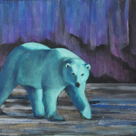 Tableau représentant un ours turquoise sur fond mauve