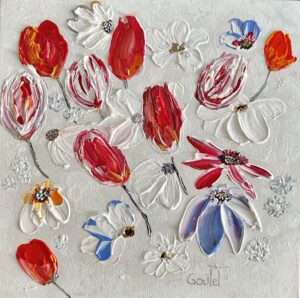 Tableau représentant des fleurs rouges et bleues sur fond blanc
