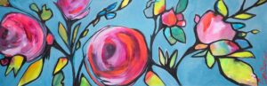 Tableau représentant des roses sur fon bleu
