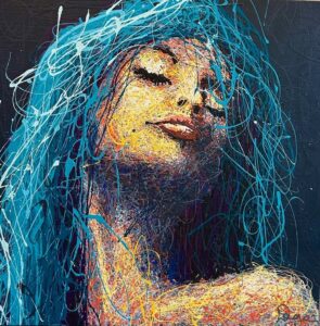 Tableau représetant un portrait de femme aux cheveux bleu