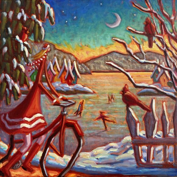 Tableau représentant un personnage à vélo dans un décor hivernal