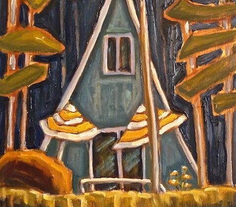 Tableau représentant un maison bleu dans la forêt