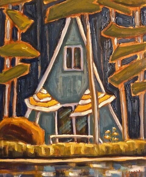 Tableau représentant un maison bleu dans la forêt