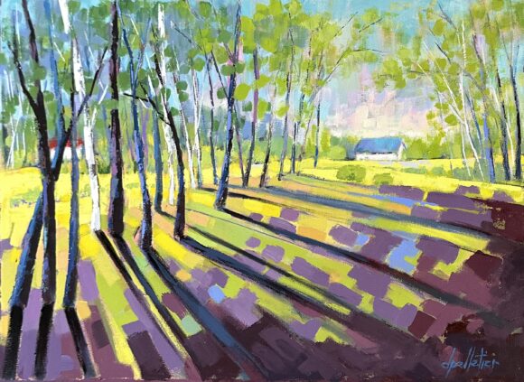 Tableau représentant un paysage aux tons de vert et de mauve