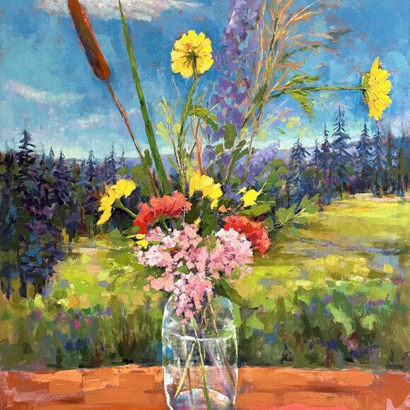 Tableau représentant un bouquet de fleurs devant un paysage