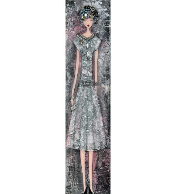 Tableau représentant une élégante dame dans les tons de gris, bleu et rose