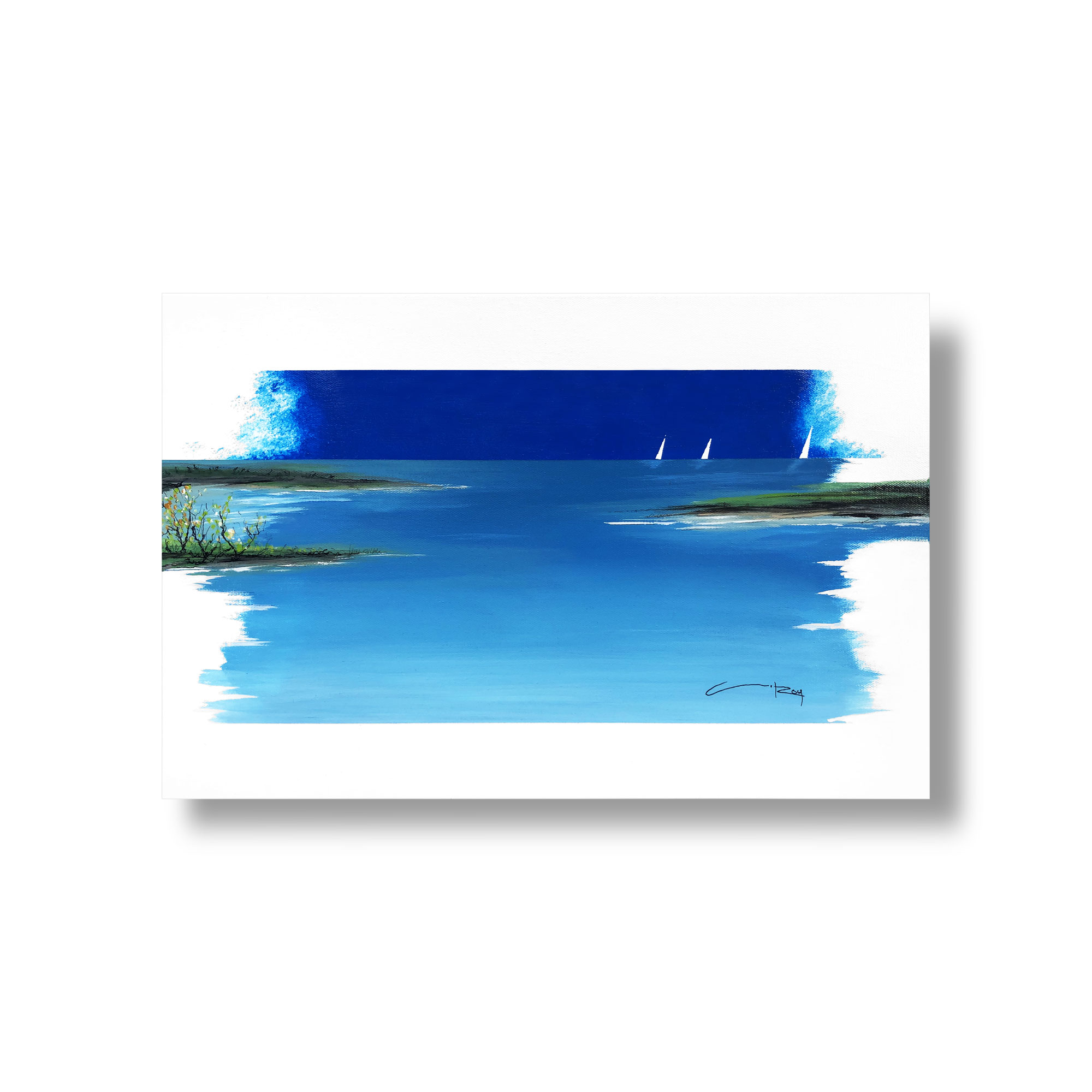 Tableau représentant des bateaux sur fond bleu