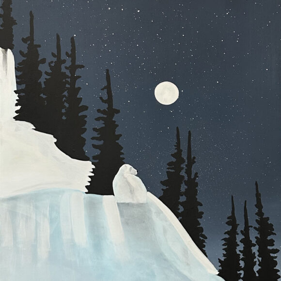 Tableau représentant un ours polaire sur une montagne enneigée la nuit