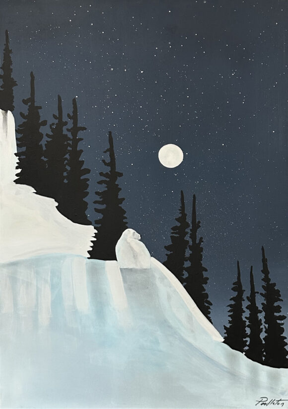 Tableau représentant un ours polaire sur une montagne enneigée la nuit