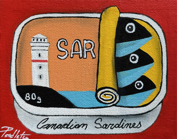 Tableau représentant une boite de sardines sur fond rouge