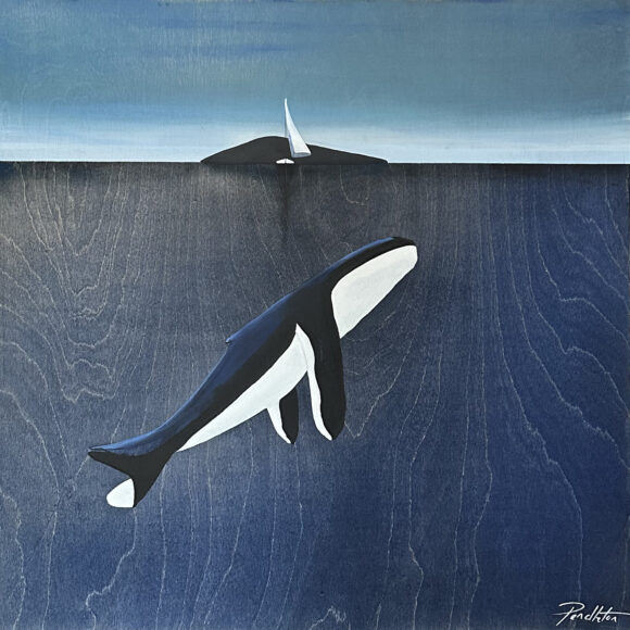 Tableau représentant une baleine sous l'eau et un voilier au loin