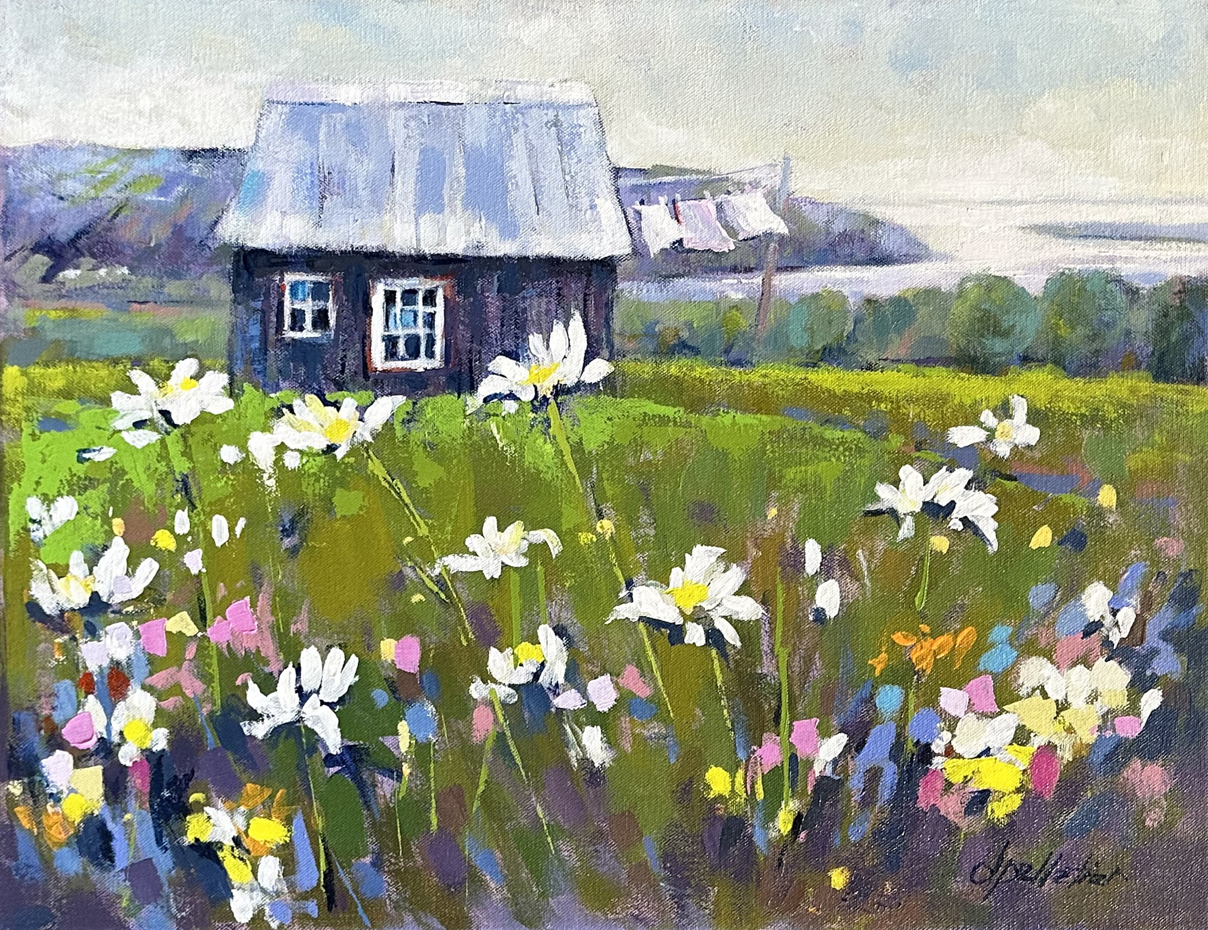 Tableau représentant un paysage avec une maison et des fleurs
